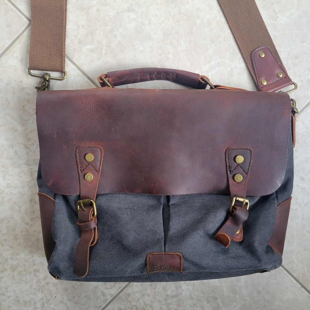 Gearonic Canvas Leather Satchel Travel Messenger Briefcase Laptop Bag NAVY Brown